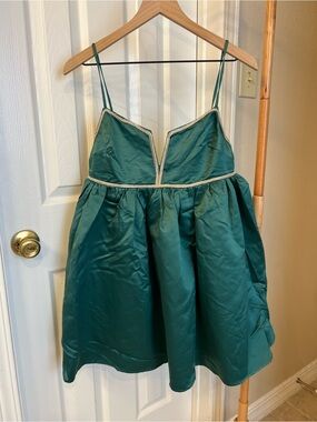 Band of Stars Emerald Green Spaghetti Strap Satin Dress with Rhinestone Trim